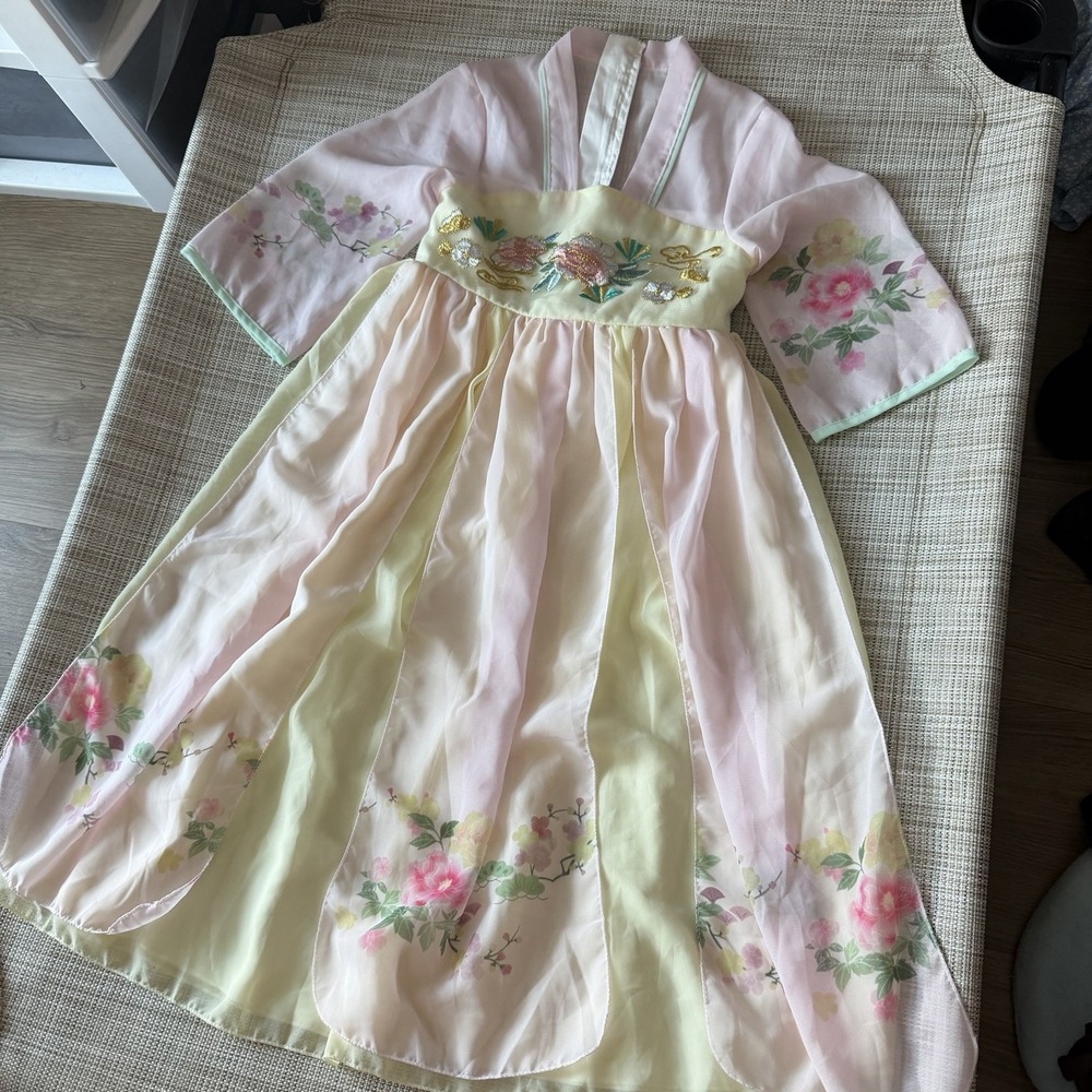 Chinese Kids Girls Embroidered Pink Floral Hanfu Dress Flared Sleeve Size 120 4Y